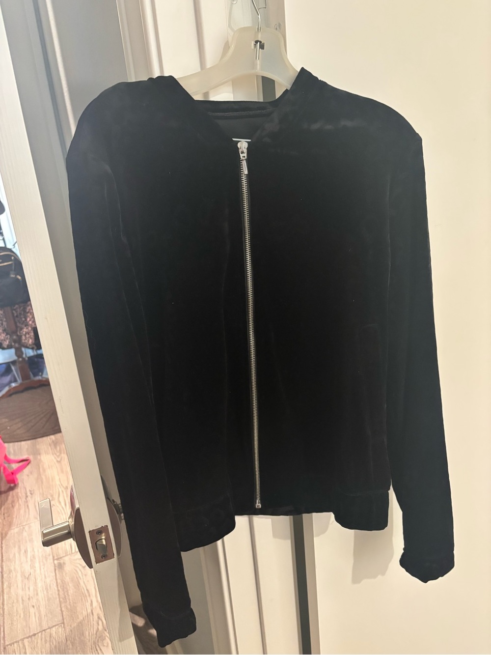 Black Zip-Front Velvet Jacket - Women's Coat